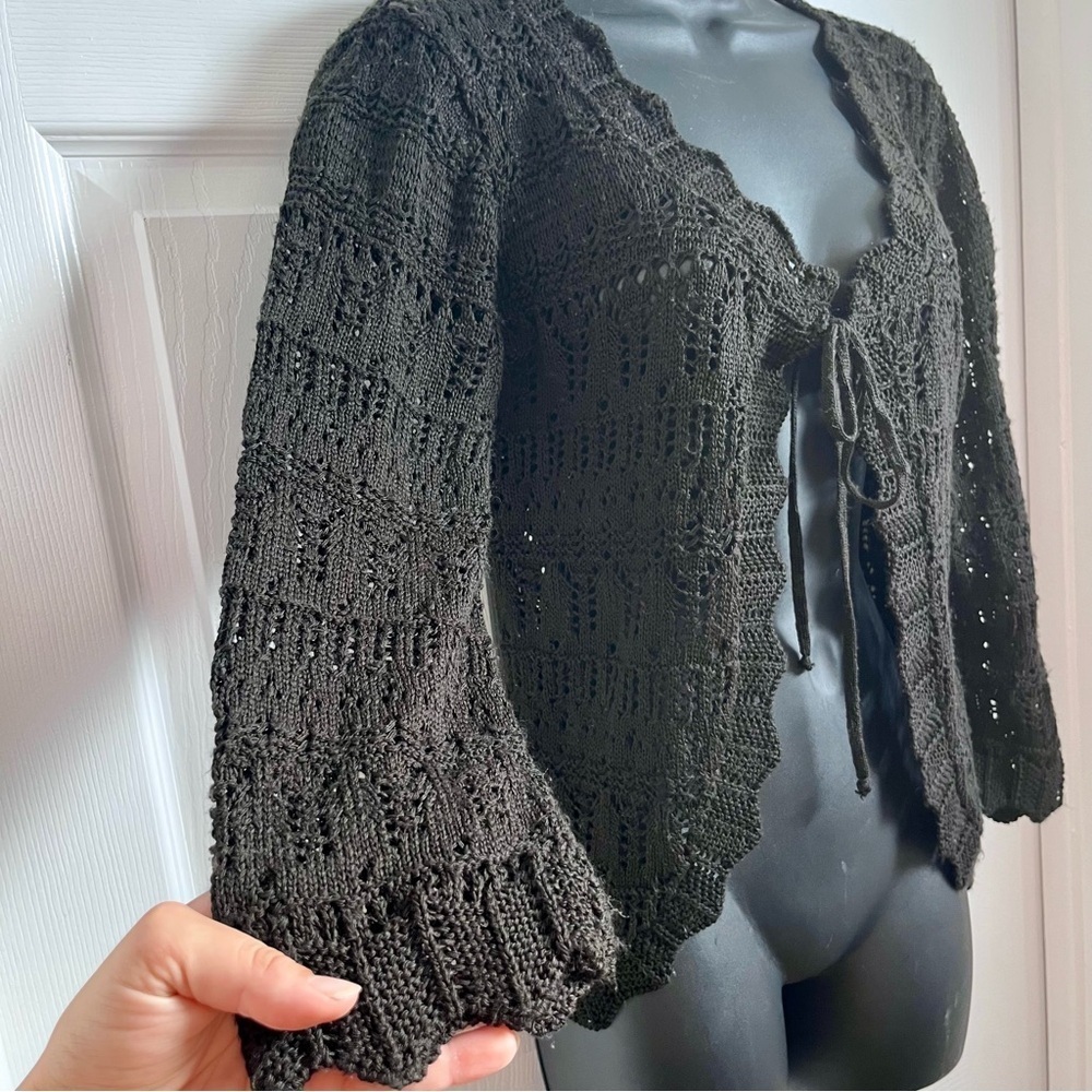 Vintage Spunky Made In USA Cardigan Knit Open Tie front Black Medium Women - Picture 4 of 5